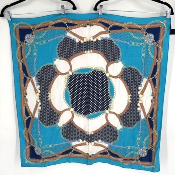 Vintage Ninto 100% Silk Square Hand Rolled Scarf Equestrian Blue‎ Turquoise - Picture 2 of 12